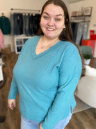 Shop V-Neck Ribbed Top - Dusty Teal- at Ruby Joy Boutique, a Women's Clothing Store in Pickerington, Ohio