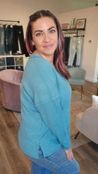 Shop V-Neck Ribbed Top - Dusty Teal- at Ruby Joy Boutique, a Women's Clothing Store in Pickerington, Ohio