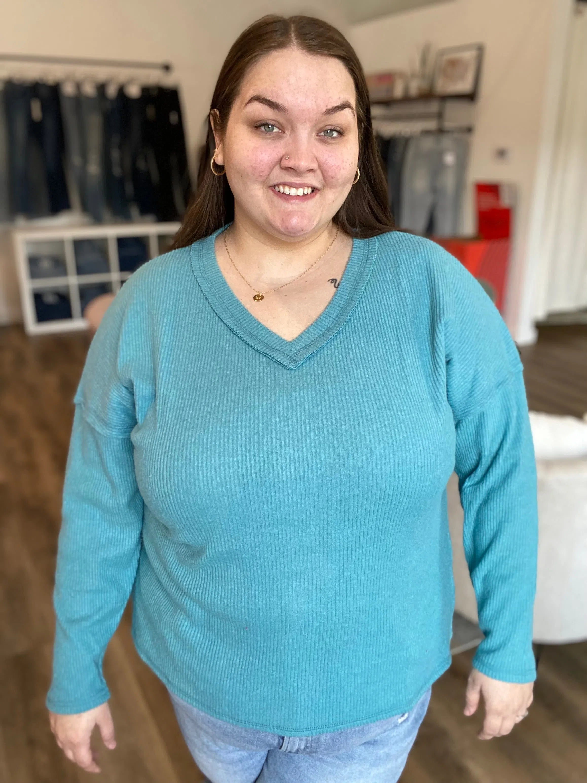 Shop V-Neck Ribbed Top - Dusty Teal-XL at Ruby Joy Boutique, a Women's Clothing Store in Pickerington, Ohio