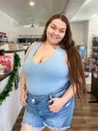 Shop V-Neck Sleeveless Bodysuit - Baby Blue-Bodysuit at Ruby Joy Boutique, a Women's Clothing Store in Pickerington, Ohio