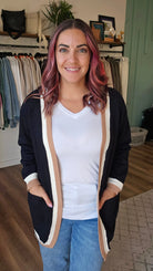 Shop Varsity Stripe Cardigan with Pockets - Black, White, Tan-Cardigan at Ruby Joy Boutique, a Women's Clothing Store in Pickerington, Ohio