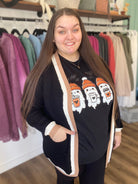 Shop Varsity Stripe Cardigan with Pockets - Black, White, Tan-Cardigan at Ruby Joy Boutique, a Women's Clothing Store in Pickerington, Ohio