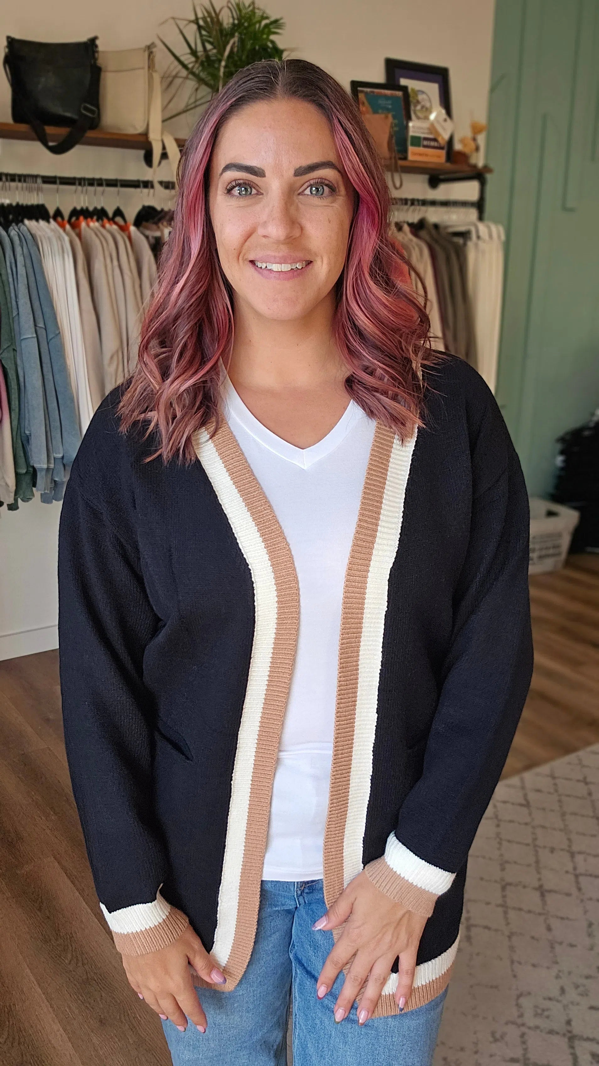 Shop Varsity Stripe Cardigan with Pockets - Black, White, Tan-Cardigan at Ruby Joy Boutique, a Women's Clothing Store in Pickerington, Ohio