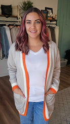 Shop Varsity Stripe Cardigan with Pockets - Tan, Orange and White-Cardigan at Ruby Joy Boutique, a Women's Clothing Store in Pickerington, Ohio