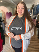 Shop Varsity Stripe Cardigan with Pockets - Tan, Orange and White-Cardigan at Ruby Joy Boutique, a Women's Clothing Store in Pickerington, Ohio