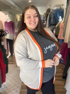 Shop Varsity Stripe Cardigan with Pockets - Tan, Orange and White-Cardigan at Ruby Joy Boutique, a Women's Clothing Store in Pickerington, Ohio