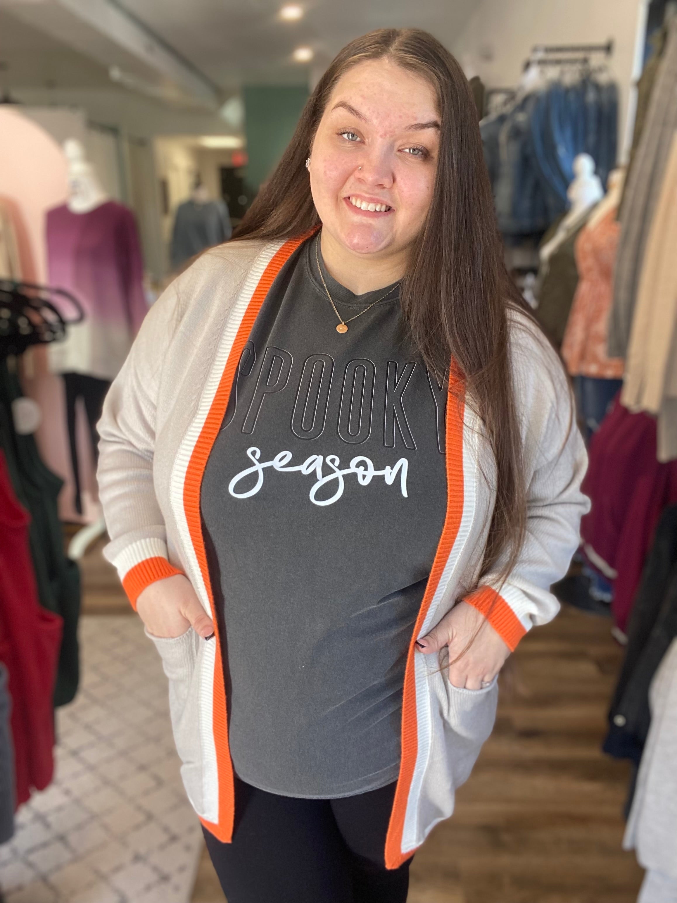 Shop Varsity Stripe Cardigan with Pockets - Tan, Orange and White-Cardigan at Ruby Joy Boutique, a Women's Clothing Store in Pickerington, Ohio