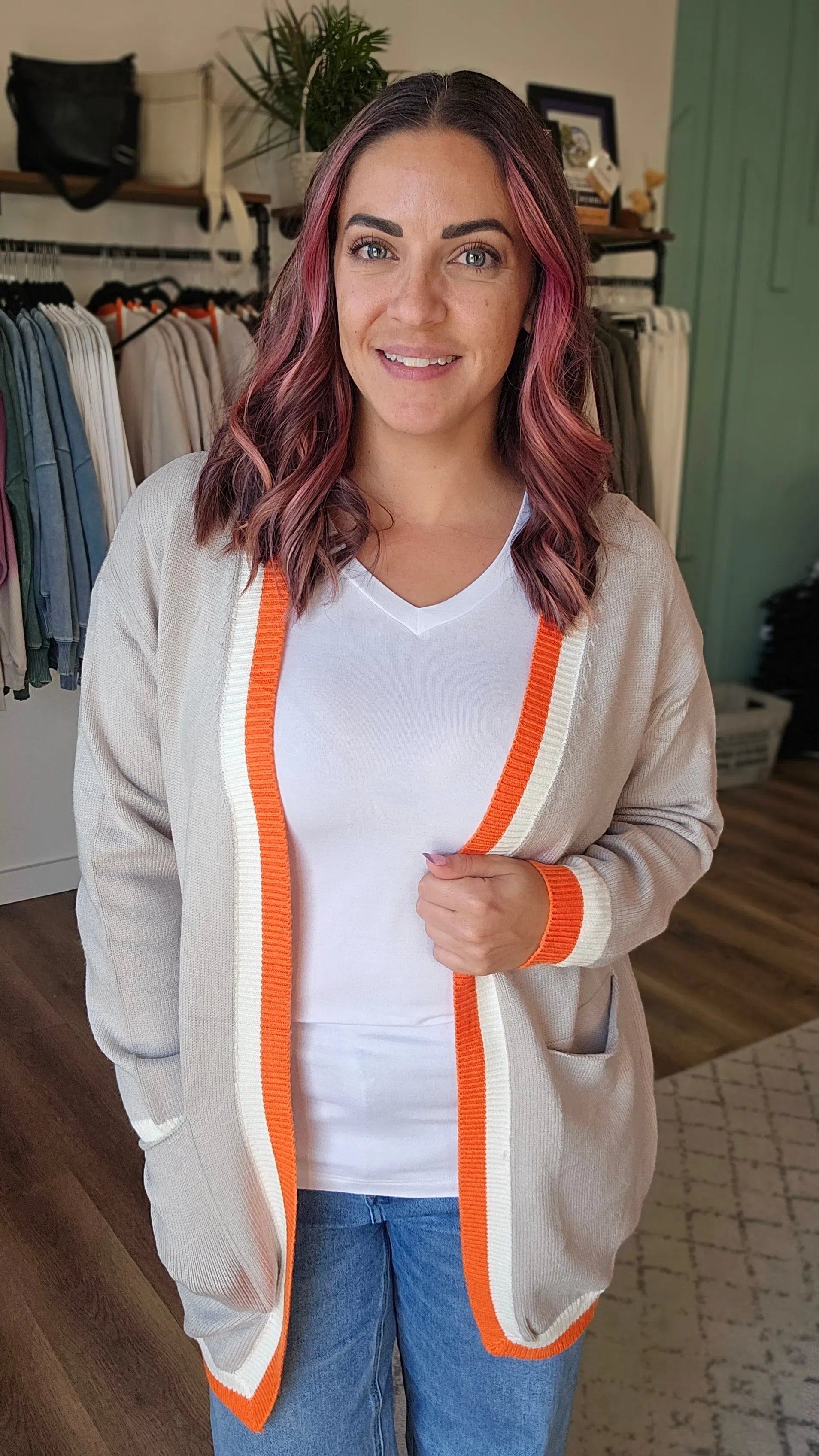 Shop Varsity Stripe Cardigan with Pockets - Tan, Orange and White-Cardigan at Ruby Joy Boutique, a Women's Clothing Store in Pickerington, Ohio