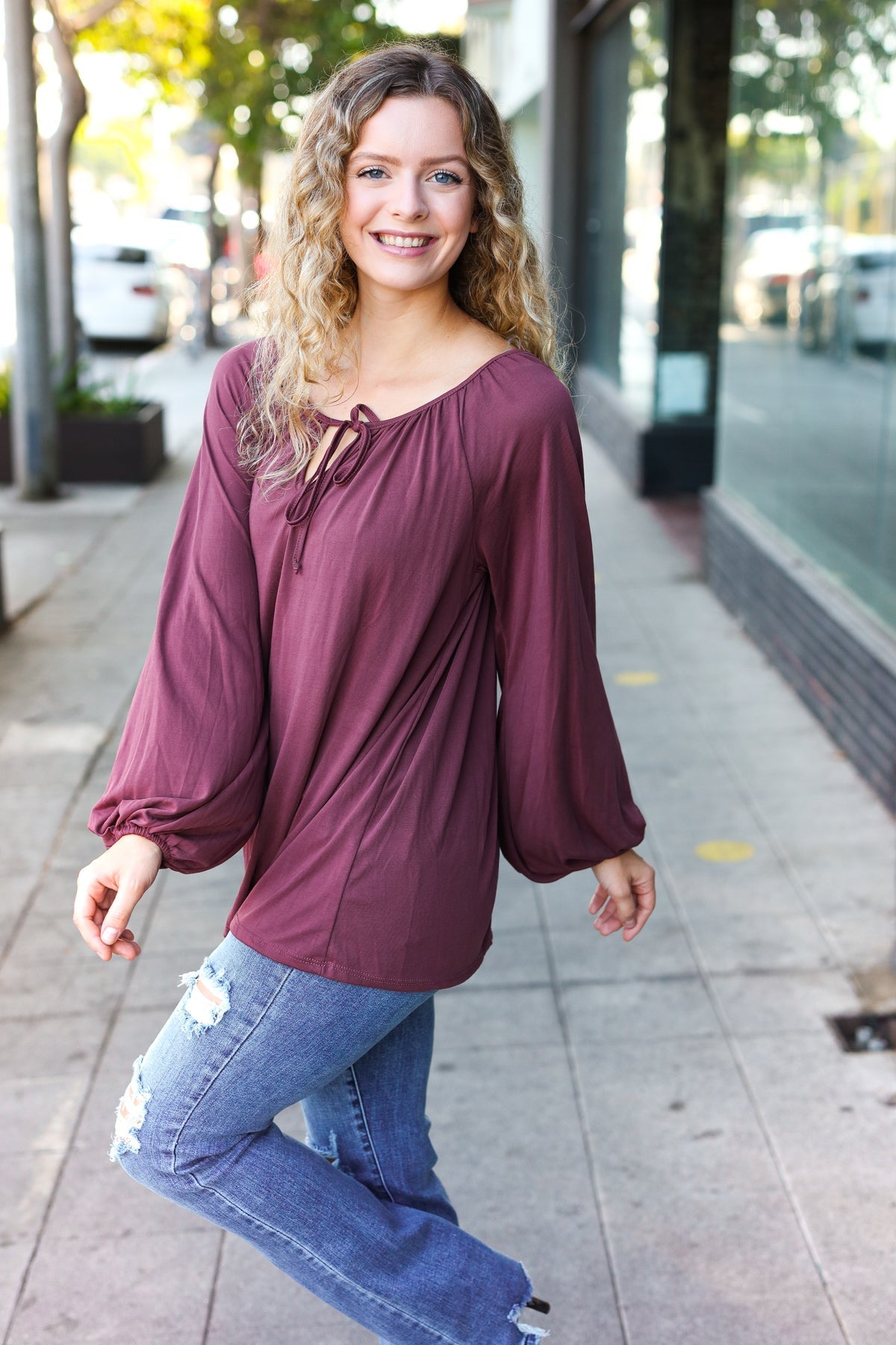 Shop Versatile Wine Front Tie Modal Knit Peasant Top-Shirts & Tops at Ruby Joy Boutique, a Women's Clothing Store in Pickerington, Ohio