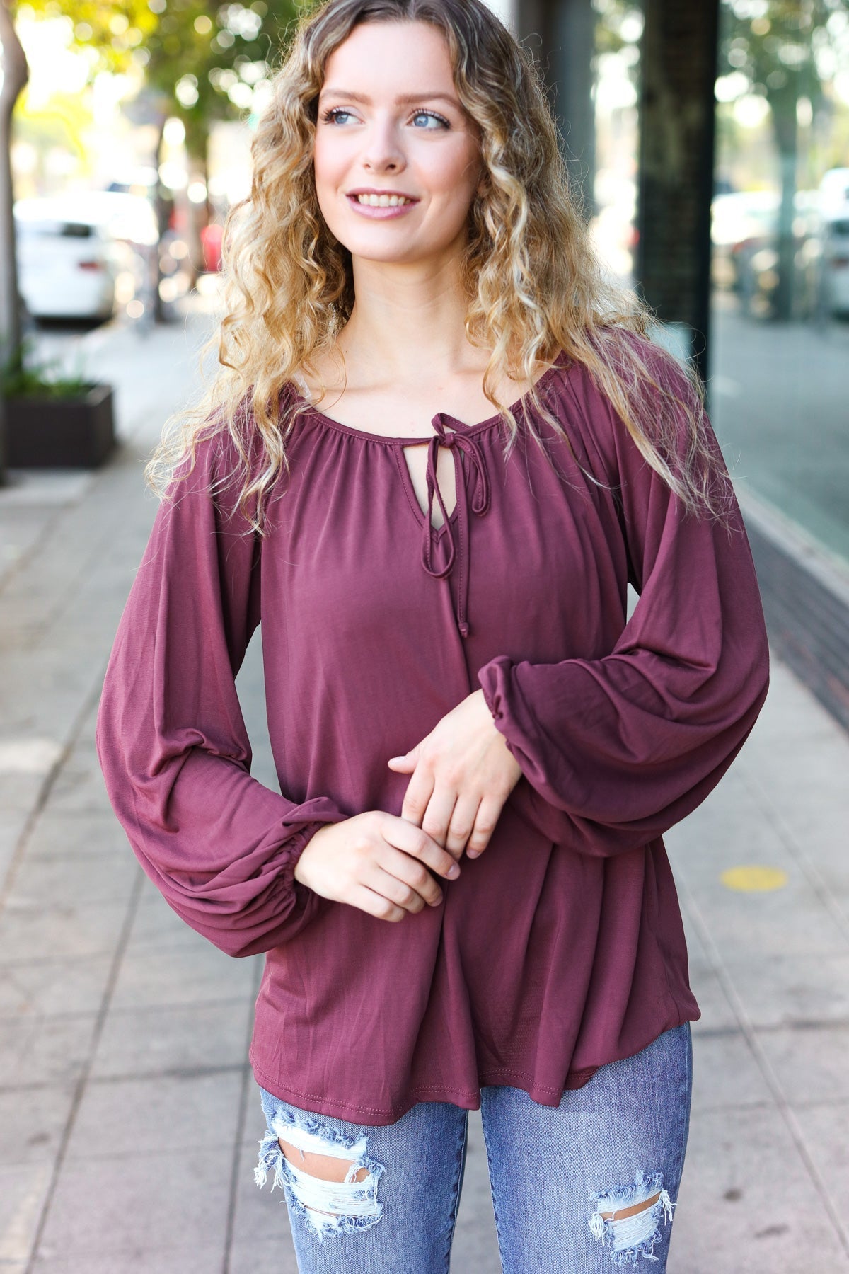 Shop Versatile Wine Front Tie Modal Knit Peasant Top-Shirts & Tops at Ruby Joy Boutique, a Women's Clothing Store in Pickerington, Ohio