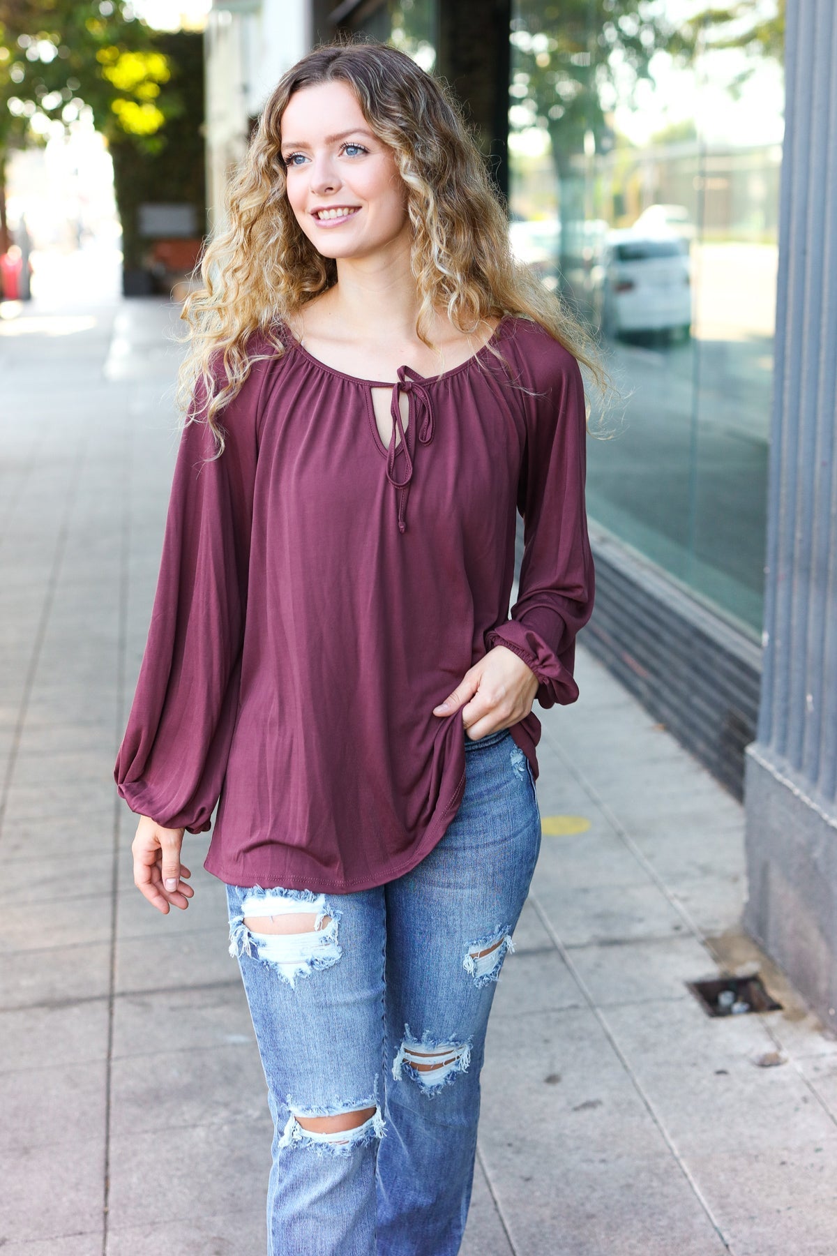 Shop Versatile Wine Front Tie Modal Knit Peasant Top-Shirts & Tops at Ruby Joy Boutique, a Women's Clothing Store in Pickerington, Ohio