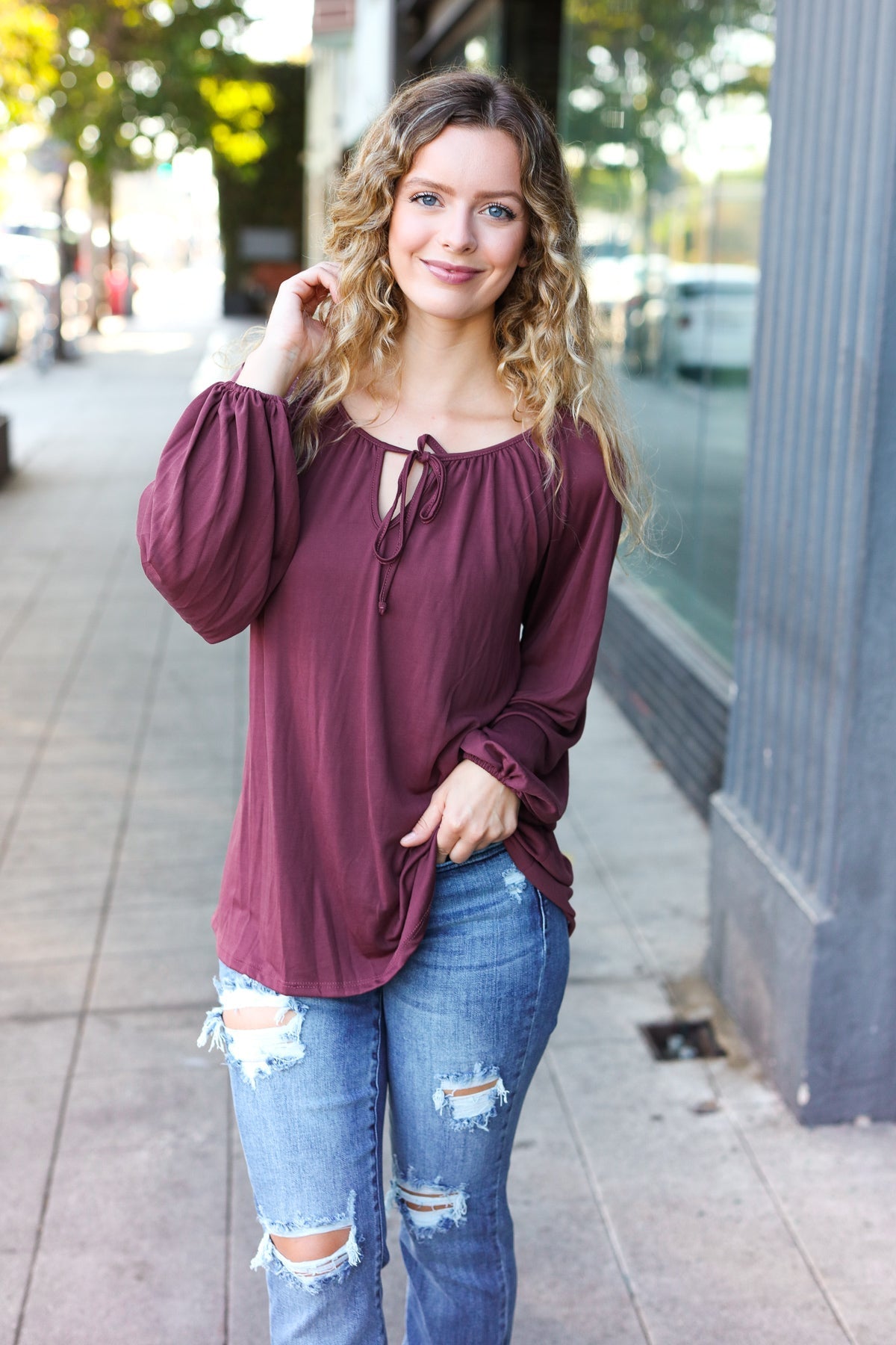 Shop Versatile Wine Front Tie Modal Knit Peasant Top-Shirts & Tops at Ruby Joy Boutique, a Women's Clothing Store in Pickerington, Ohio