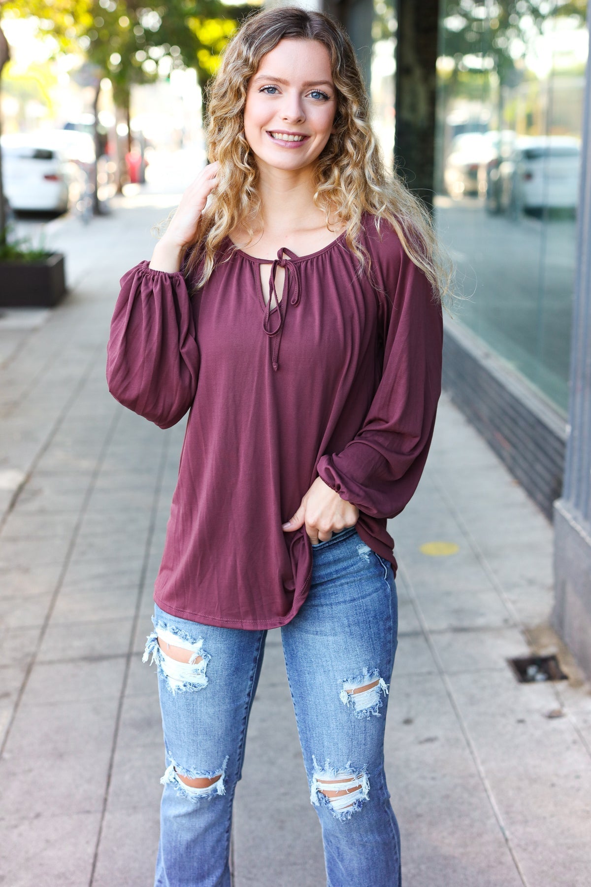 Shop Versatile Wine Front Tie Modal Knit Peasant Top-Shirts & Tops at Ruby Joy Boutique, a Women's Clothing Store in Pickerington, Ohio