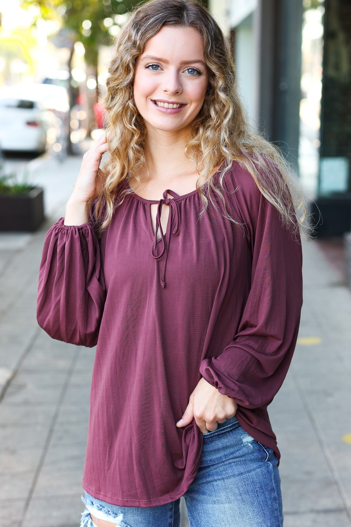 Shop Versatile Wine Front Tie Modal Knit Peasant Top-Shirts & Tops at Ruby Joy Boutique, a Women's Clothing Store in Pickerington, Ohio