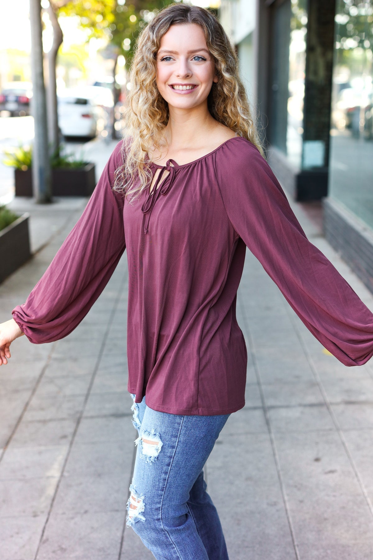 Shop Versatile Wine Front Tie Modal Knit Peasant Top-Shirts & Tops at Ruby Joy Boutique, a Women's Clothing Store in Pickerington, Ohio