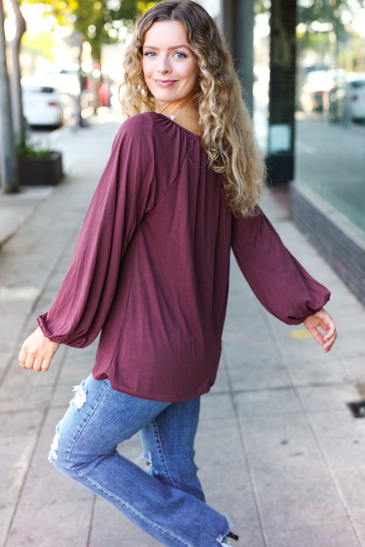 Shop Versatile Wine Front Tie Modal Knit Peasant Top-Shirts & Tops at Ruby Joy Boutique, a Women's Clothing Store in Pickerington, Ohio