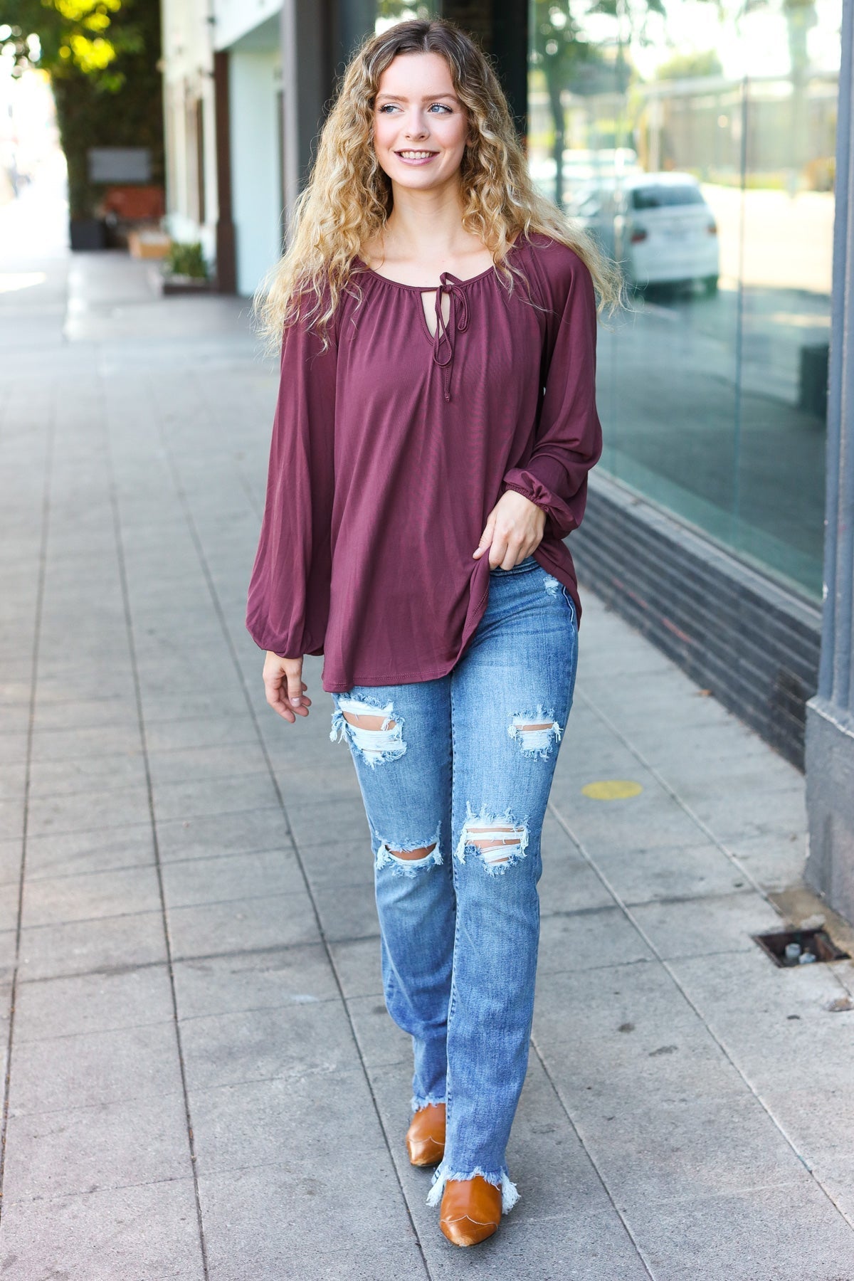 Shop Versatile Wine Front Tie Modal Knit Peasant Top-Shirts & Tops at Ruby Joy Boutique, a Women's Clothing Store in Pickerington, Ohio