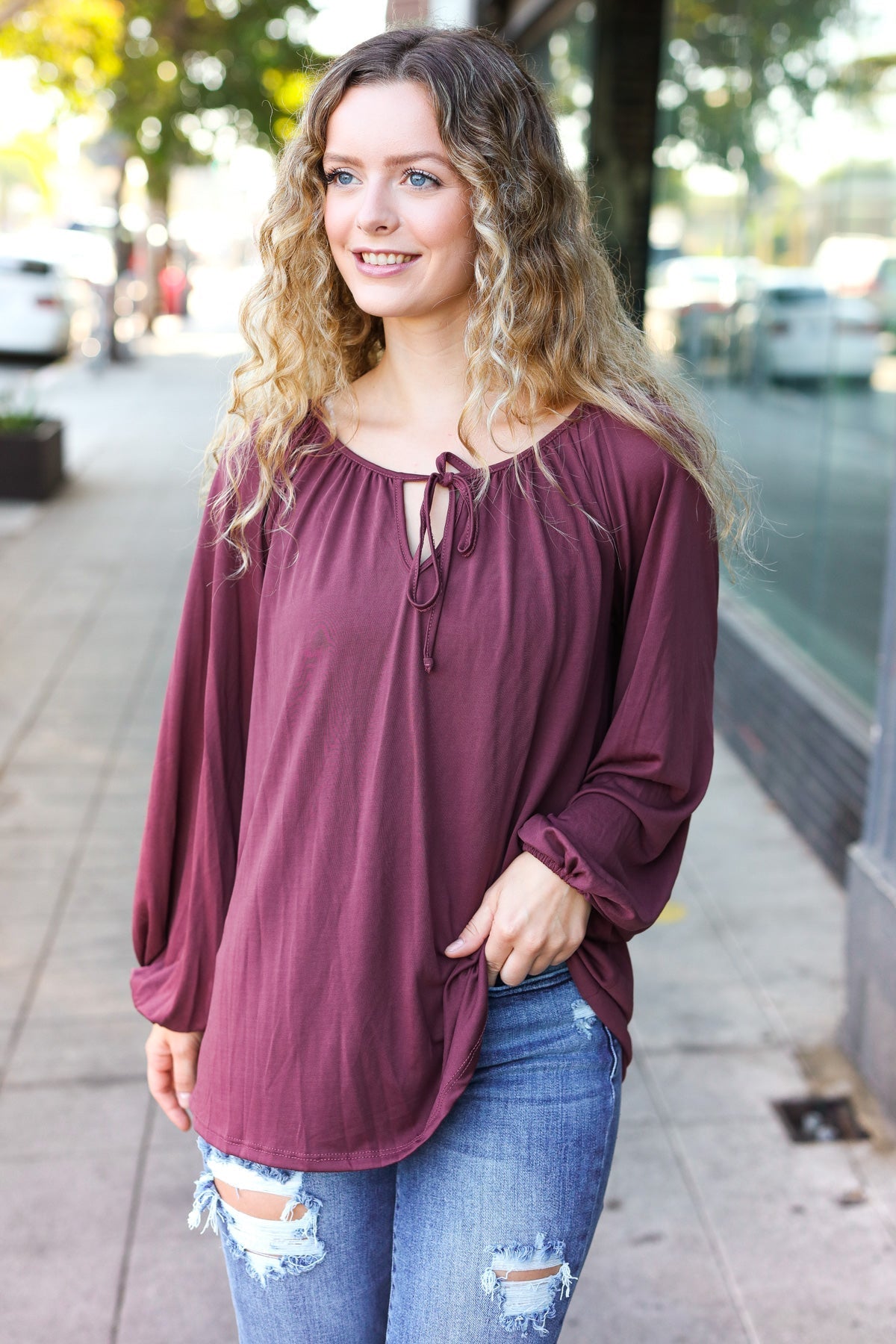 Shop Versatile Wine Front Tie Modal Knit Peasant Top-Shirts & Tops at Ruby Joy Boutique, a Women's Clothing Store in Pickerington, Ohio