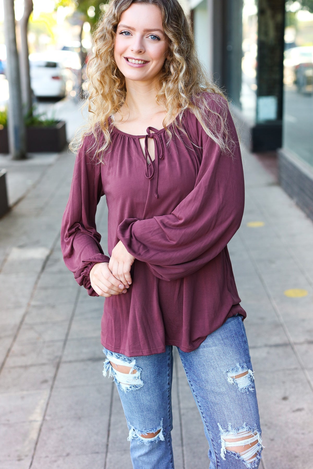 Shop Versatile Wine Front Tie Modal Knit Peasant Top-Shirts & Tops at Ruby Joy Boutique, a Women's Clothing Store in Pickerington, Ohio