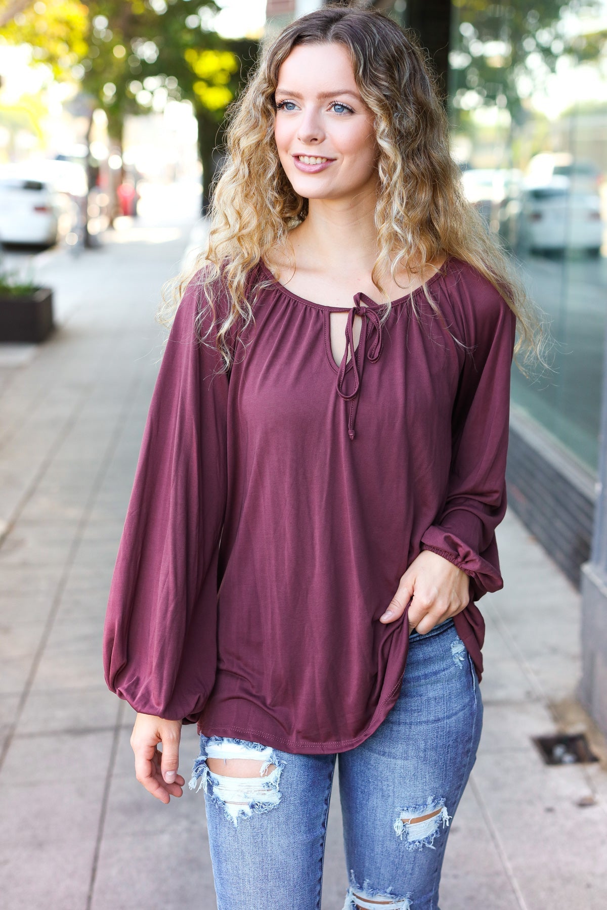 Shop Versatile Wine Front Tie Modal Knit Peasant Top-Shirts & Tops at Ruby Joy Boutique, a Women's Clothing Store in Pickerington, Ohio