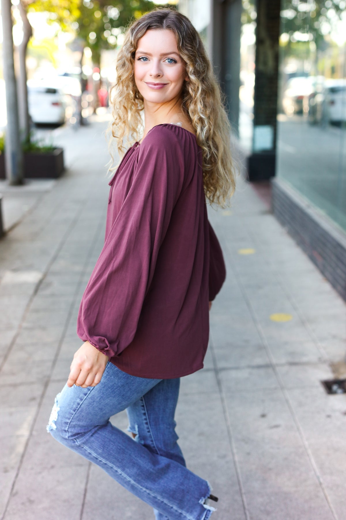 Shop Versatile Wine Front Tie Modal Knit Peasant Top-Shirts & Tops at Ruby Joy Boutique, a Women's Clothing Store in Pickerington, Ohio