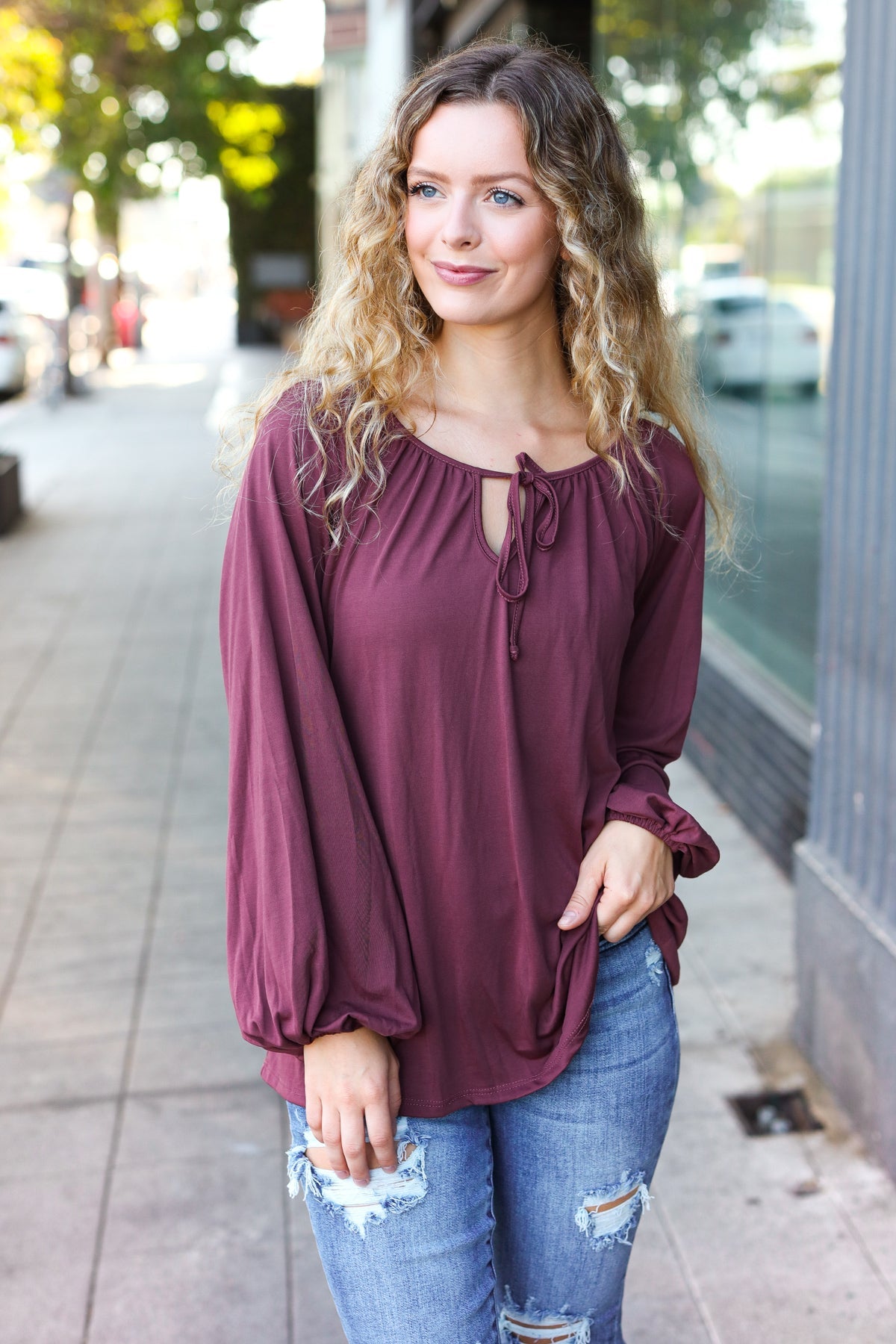 Shop Versatile Wine Front Tie Modal Knit Peasant Top-Shirts & Tops at Ruby Joy Boutique, a Women's Clothing Store in Pickerington, Ohio