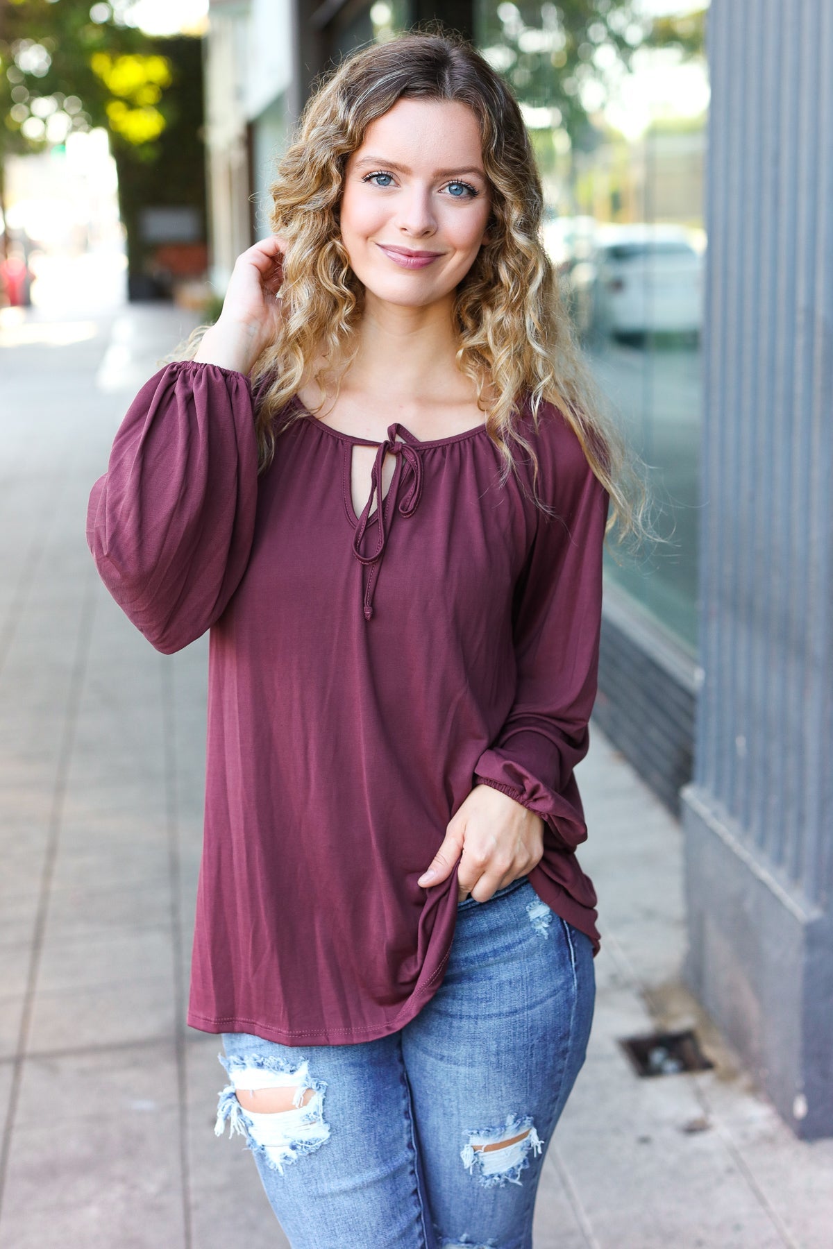 Shop Versatile Wine Front Tie Modal Knit Peasant Top-Shirts & Tops at Ruby Joy Boutique, a Women's Clothing Store in Pickerington, Ohio