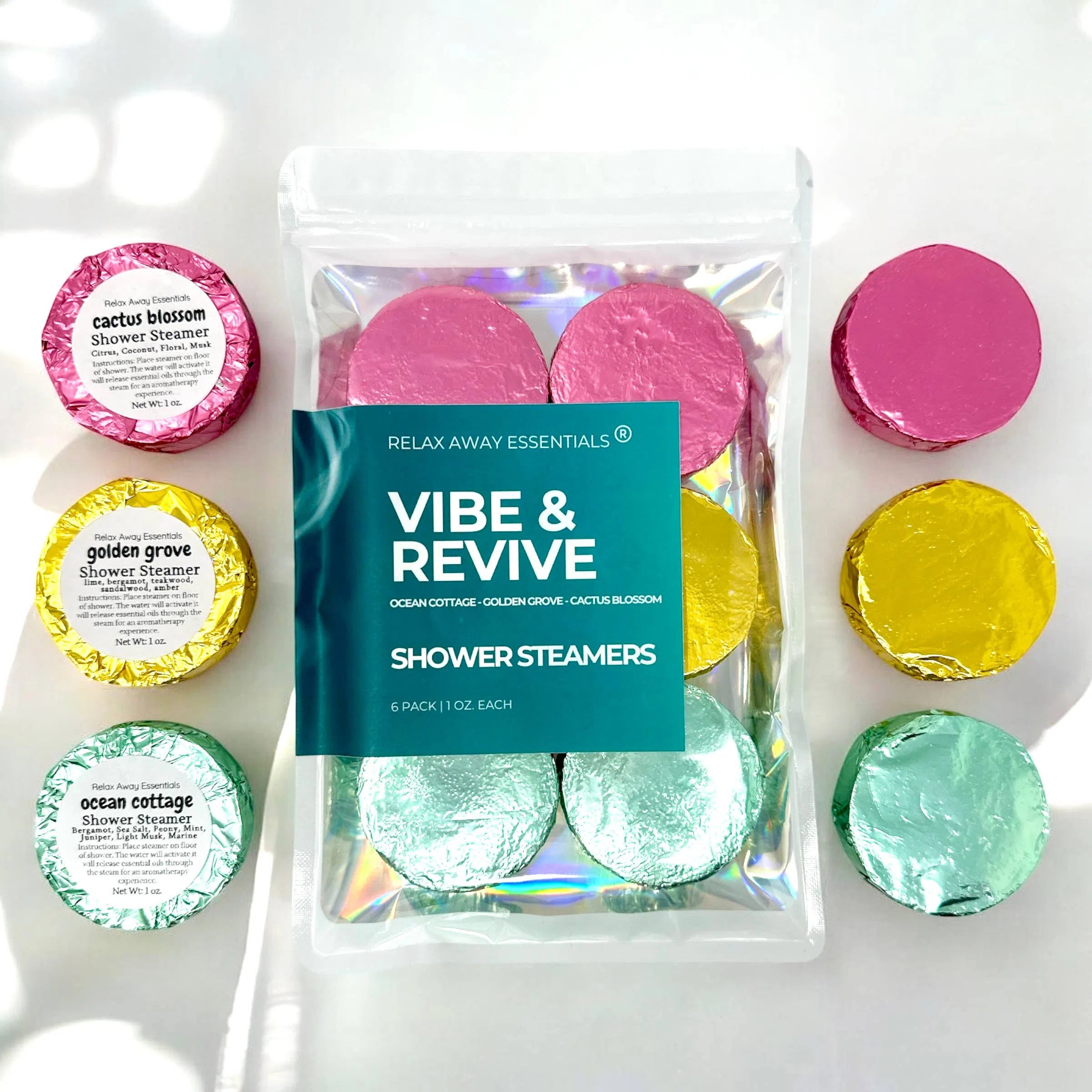 Shop Vibe and Revive Shower Steamers 6 Pack - Made in USA- at Ruby Joy Boutique, a Women's Clothing Store in Pickerington, Ohio