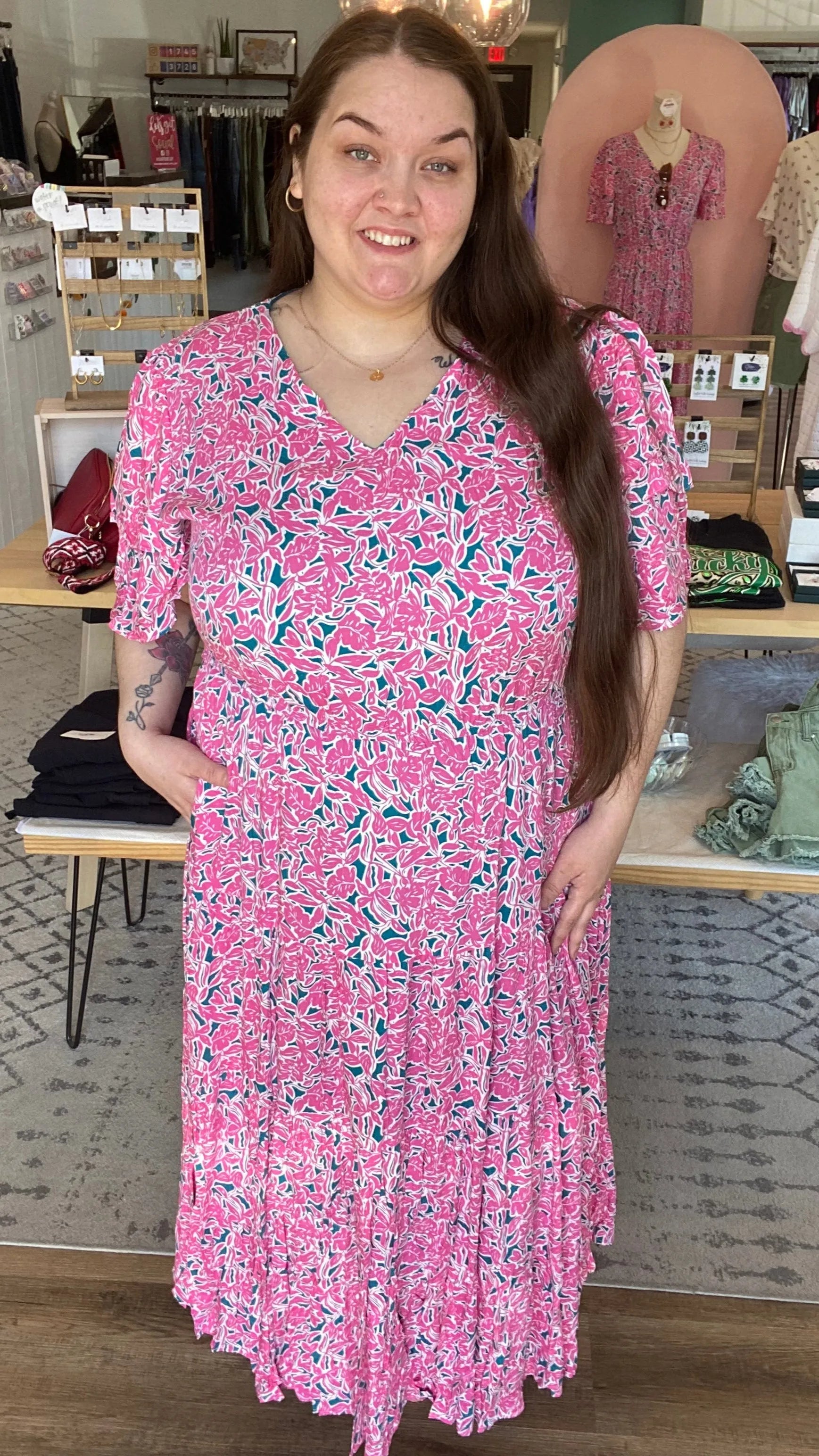 Shop Vibrant Floral Layered Sleeve Dress- at Ruby Joy Boutique, a Women's Clothing Store in Pickerington, Ohio