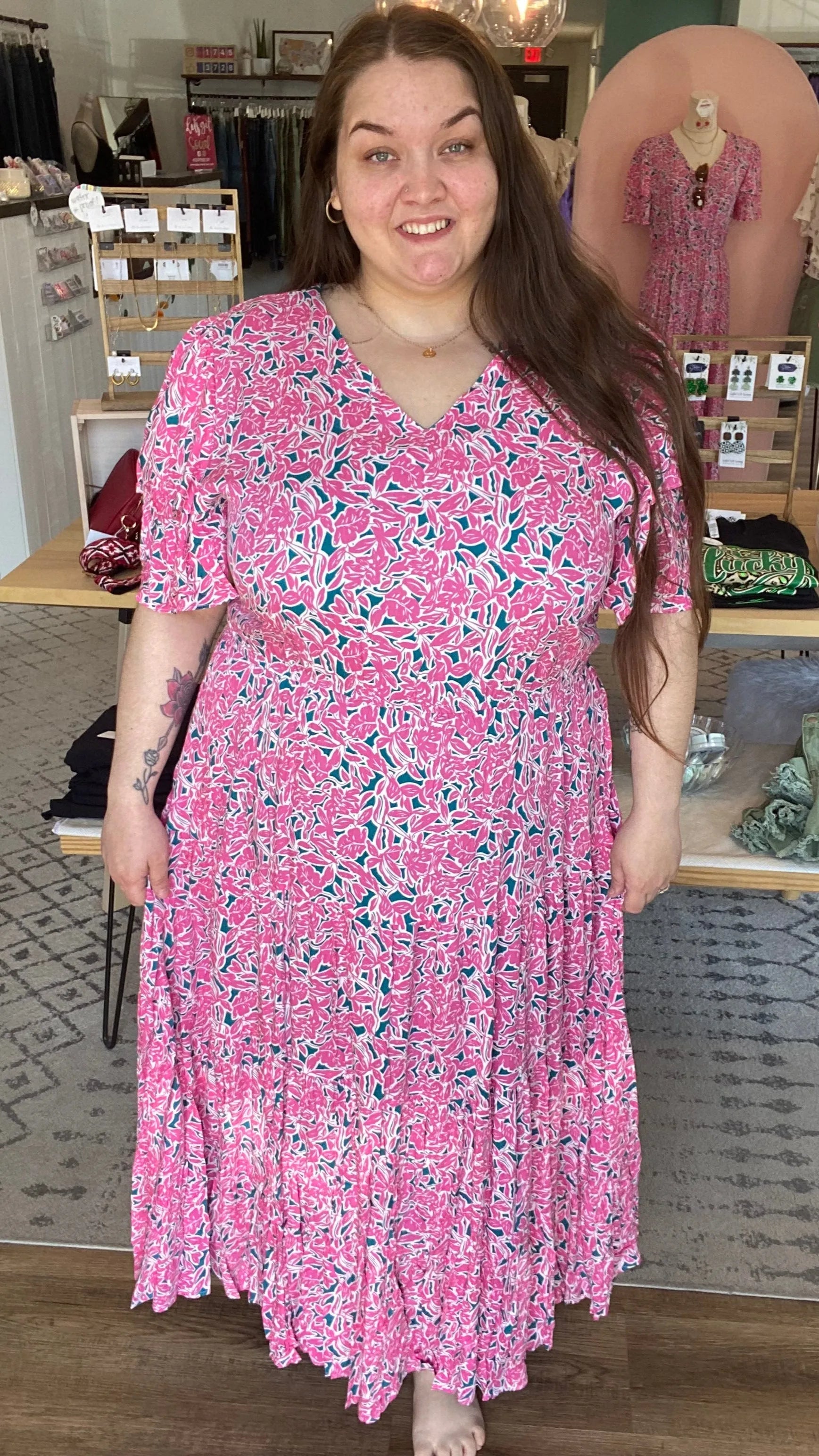 Shop Vibrant Floral Layered Sleeve Dress-1XL at Ruby Joy Boutique, a Women's Clothing Store in Pickerington, Ohio