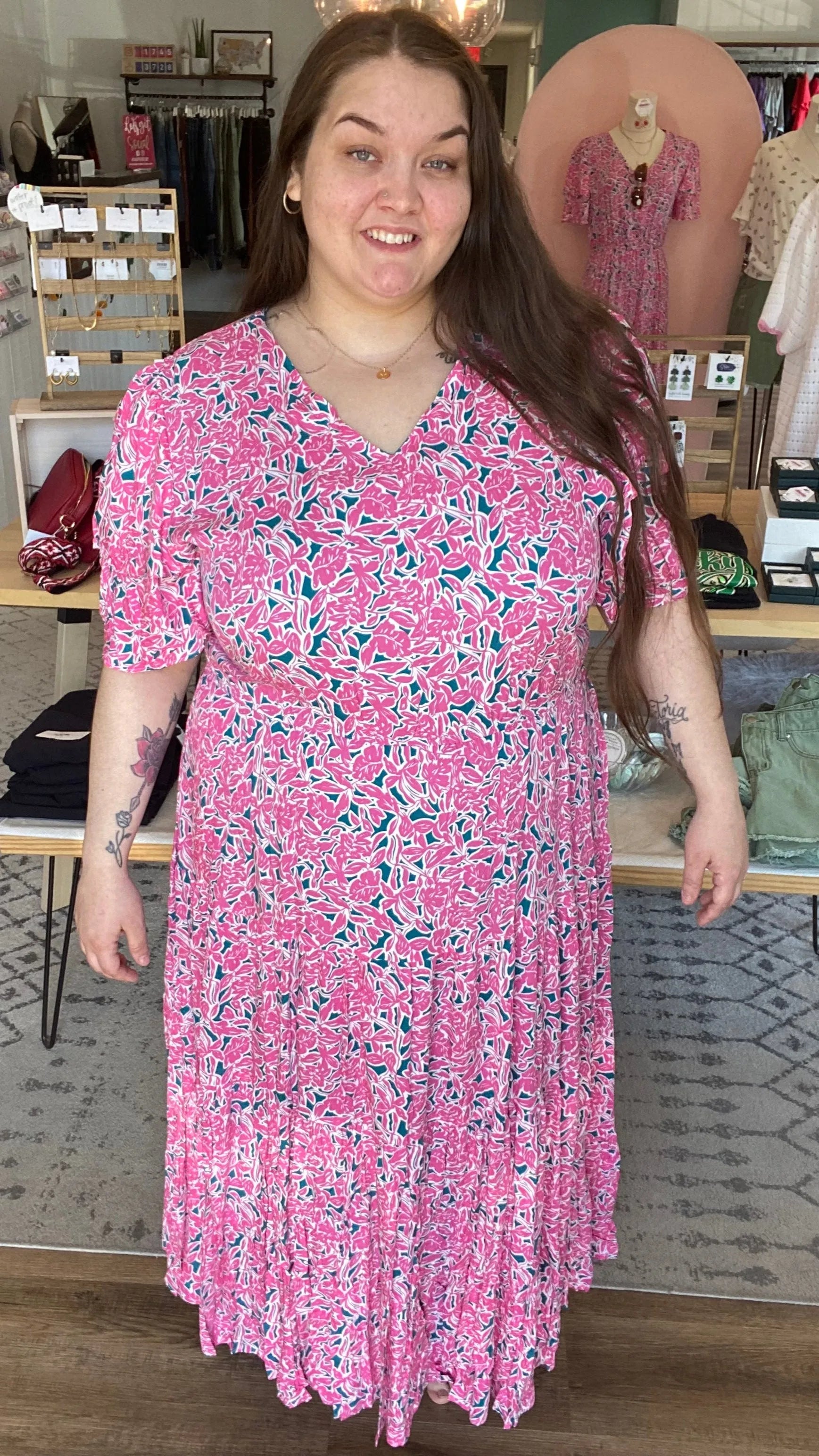 Shop Vibrant Floral Layered Sleeve Dress- at Ruby Joy Boutique, a Women's Clothing Store in Pickerington, Ohio