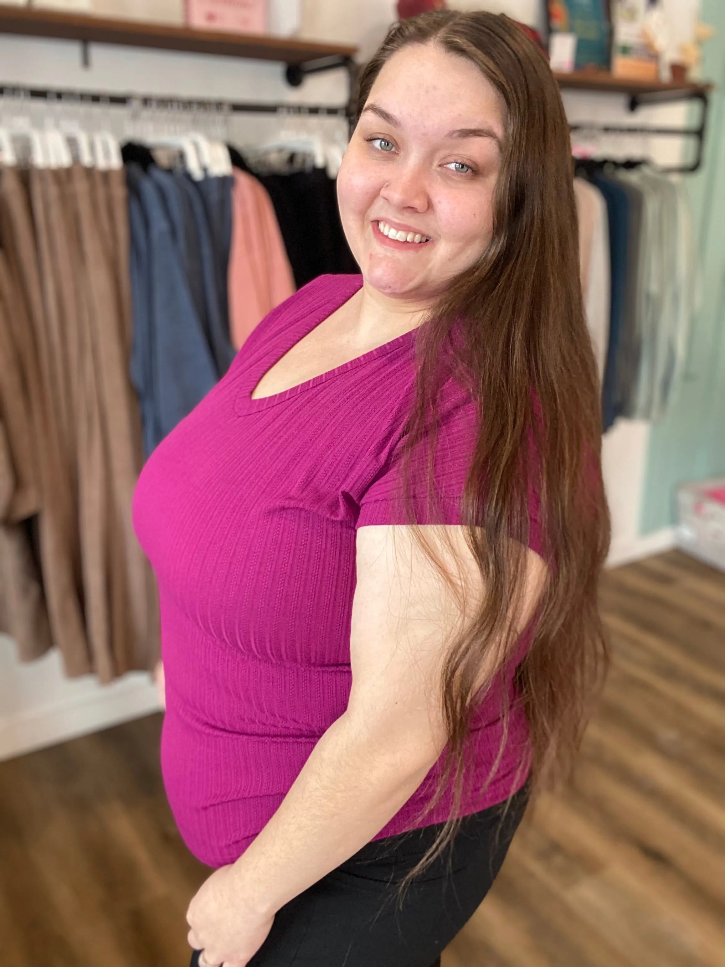 Shop Vibrant Magenta Pointelle V-Neck Top- at Ruby Joy Boutique, a Women's Clothing Store in Pickerington, Ohio