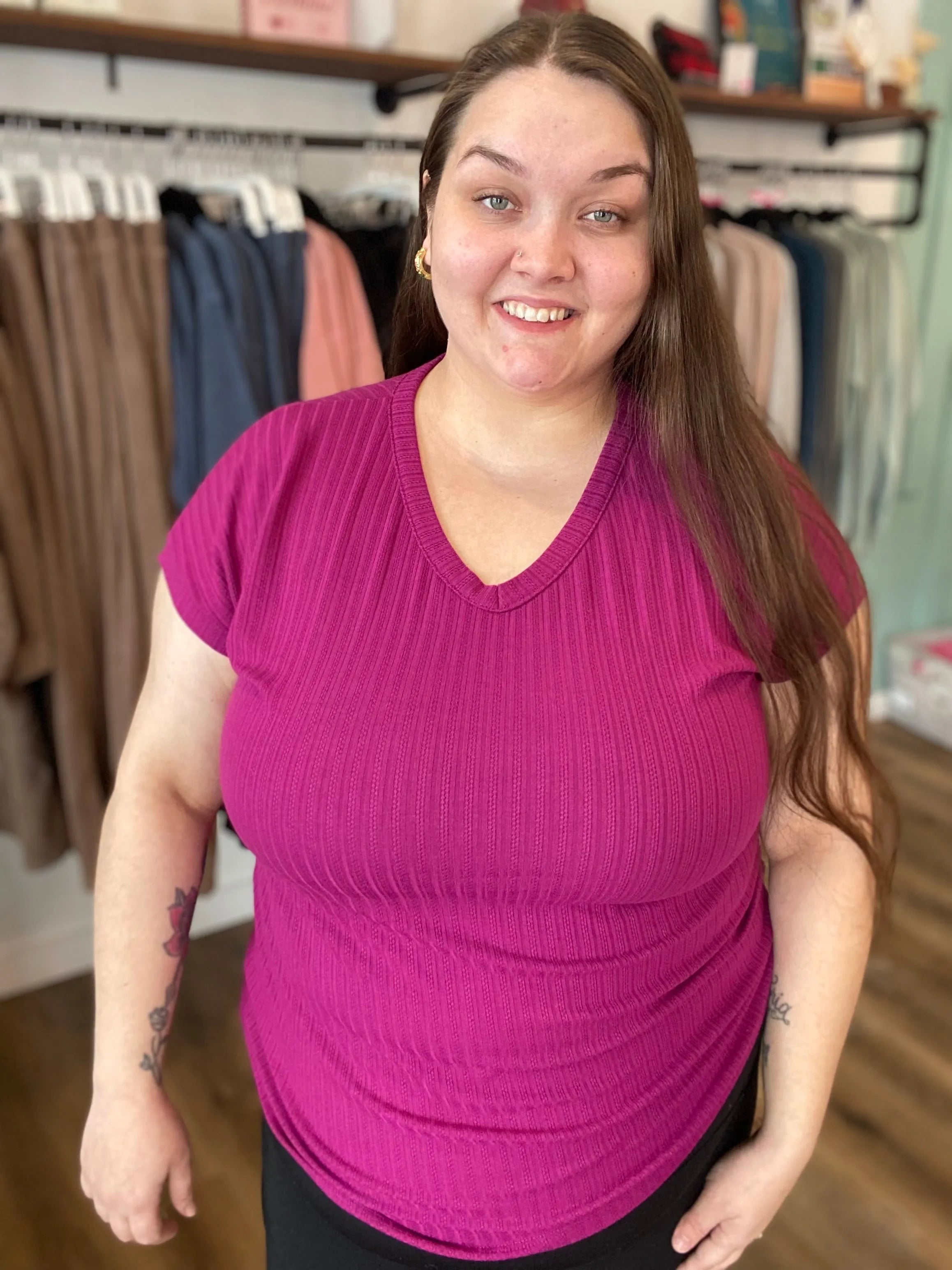Shop Vibrant Magenta Pointelle V-Neck Top- at Ruby Joy Boutique, a Women's Clothing Store in Pickerington, Ohio
