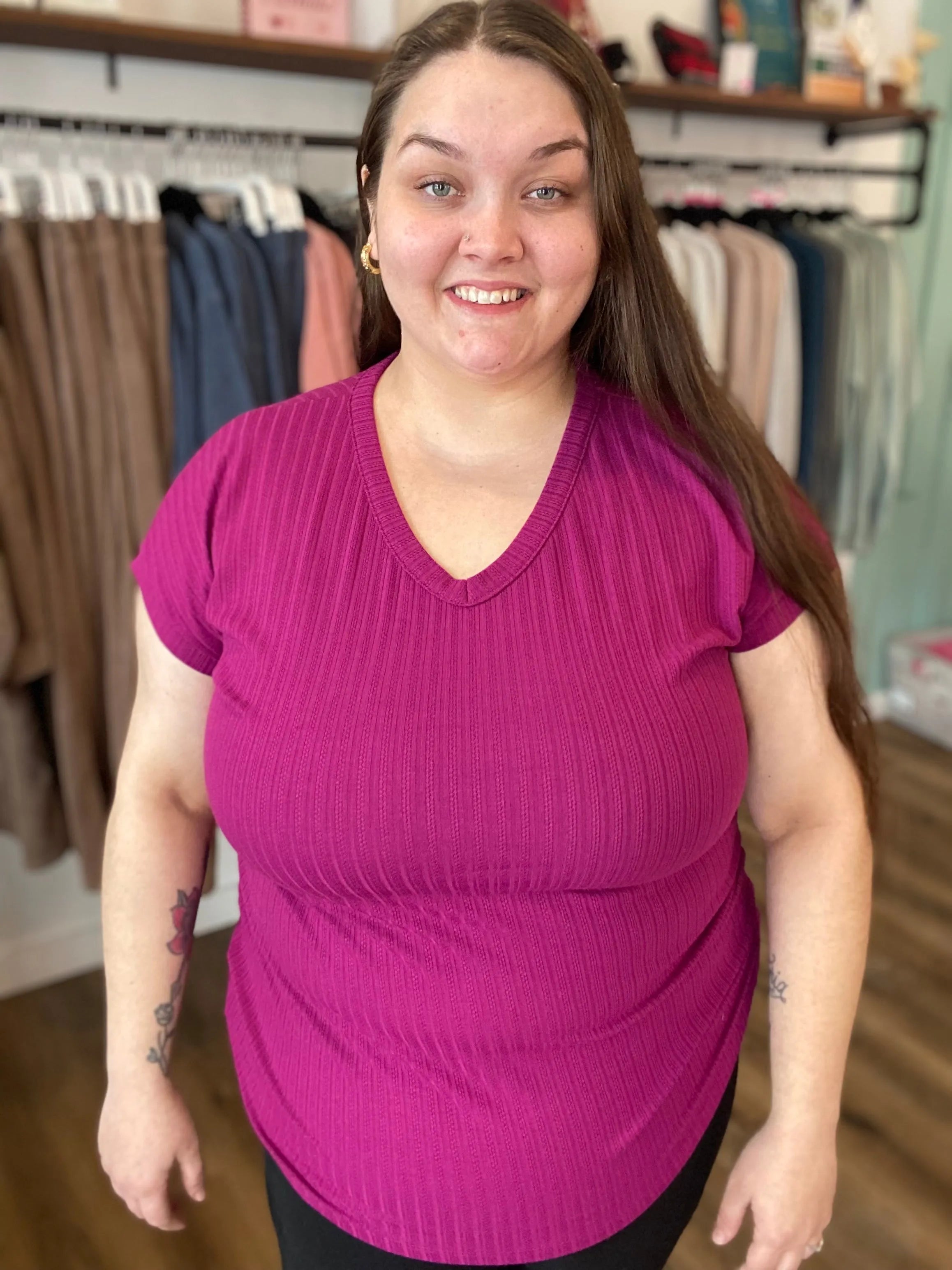 Shop Vibrant Magenta Pointelle V-Neck Top- at Ruby Joy Boutique, a Women's Clothing Store in Pickerington, Ohio