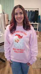 Shop Vintage Santa: Tell Me What You Want Sweatshirt-Graphic Tee at Ruby Joy Boutique, a Women's Clothing Store in Pickerington, Ohio