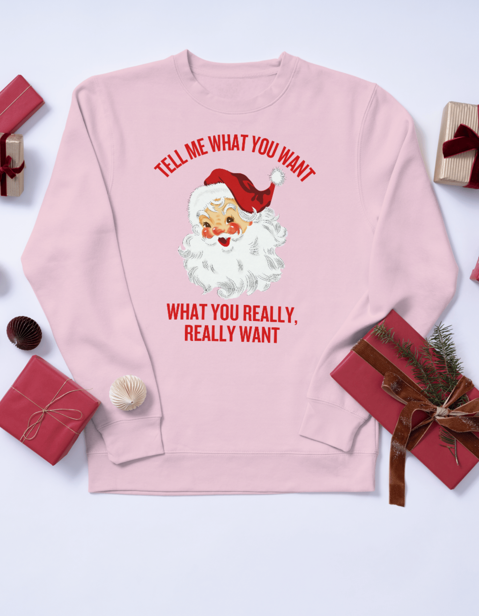 Shop Vintage Santa: Tell Me What You Want Sweatshirt-Graphic Tee at Ruby Joy Boutique, a Women's Clothing Store in Pickerington, Ohio