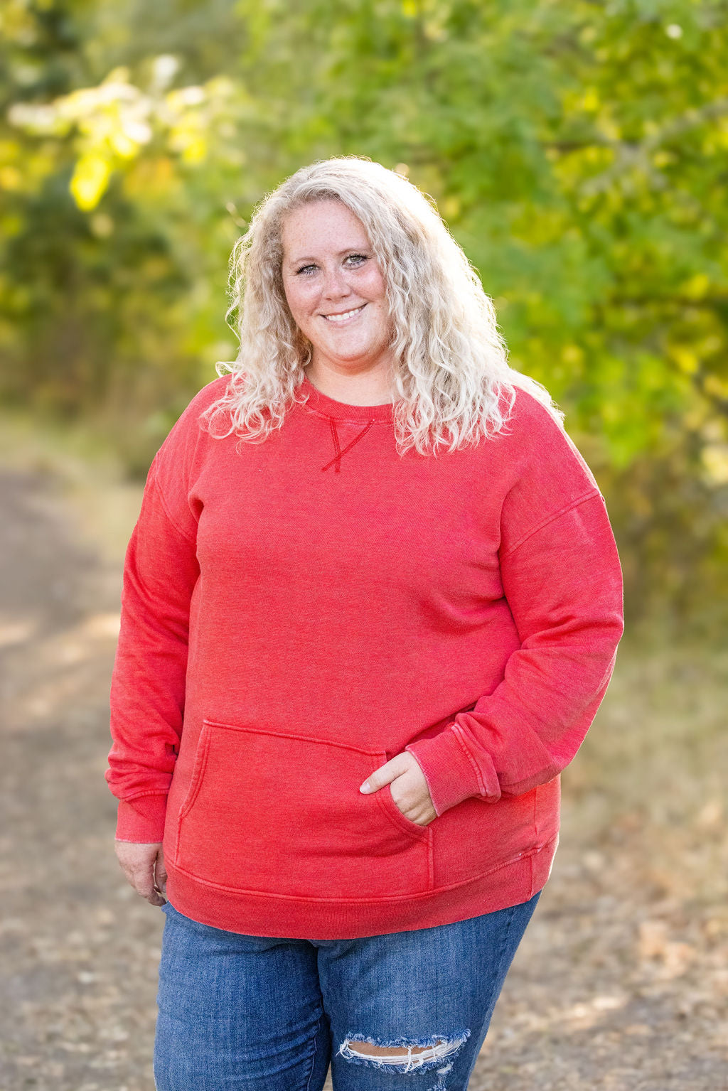 Shop Vintage Wash Pocket Pullover - Red-clothing at Ruby Joy Boutique, a Women's Clothing Store in Pickerington, Ohio