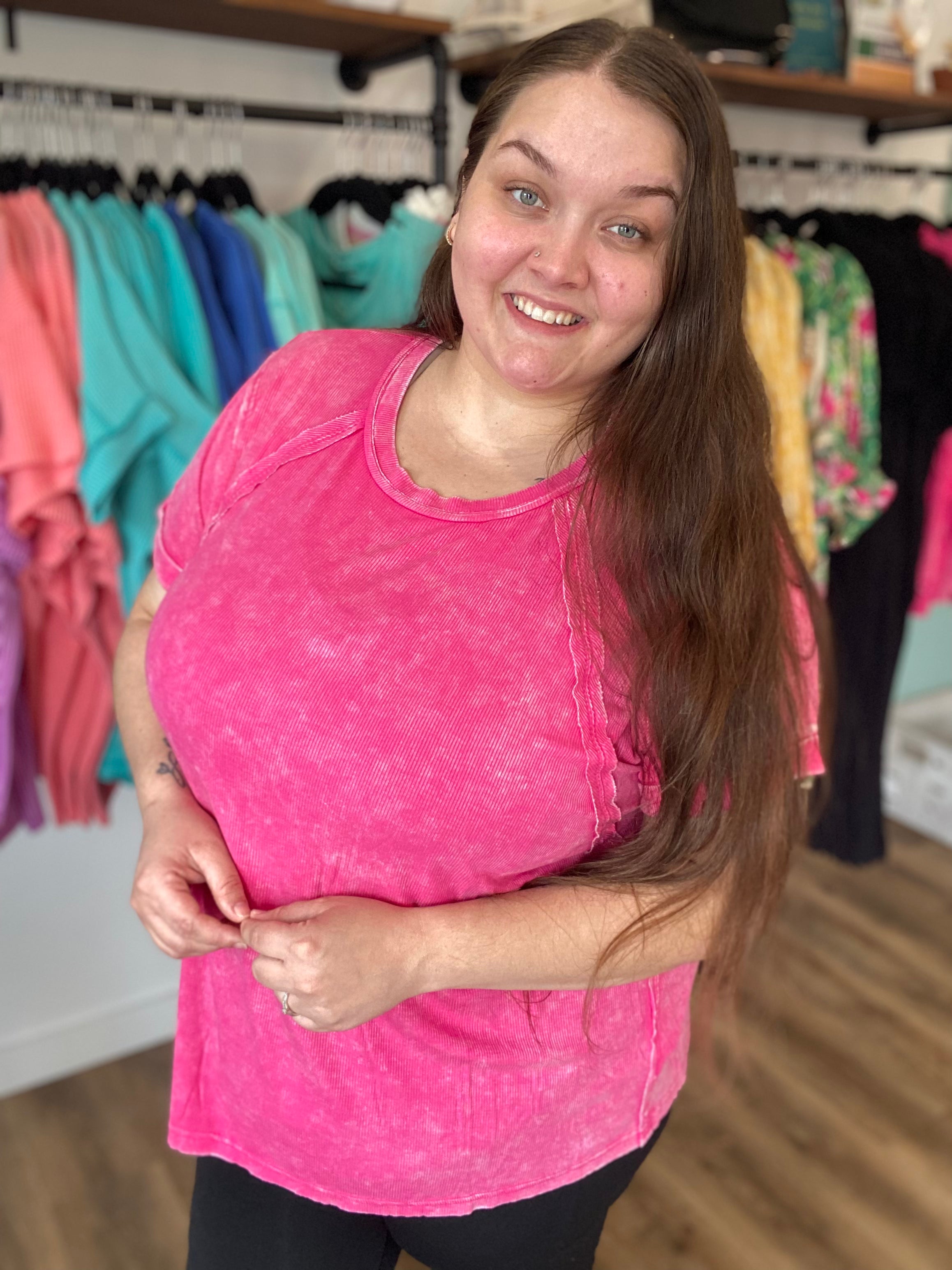 Shop Washed Ribbed Oversized Tee - Hot Pink- at Ruby Joy Boutique, a Women's Clothing Store in Pickerington, Ohio