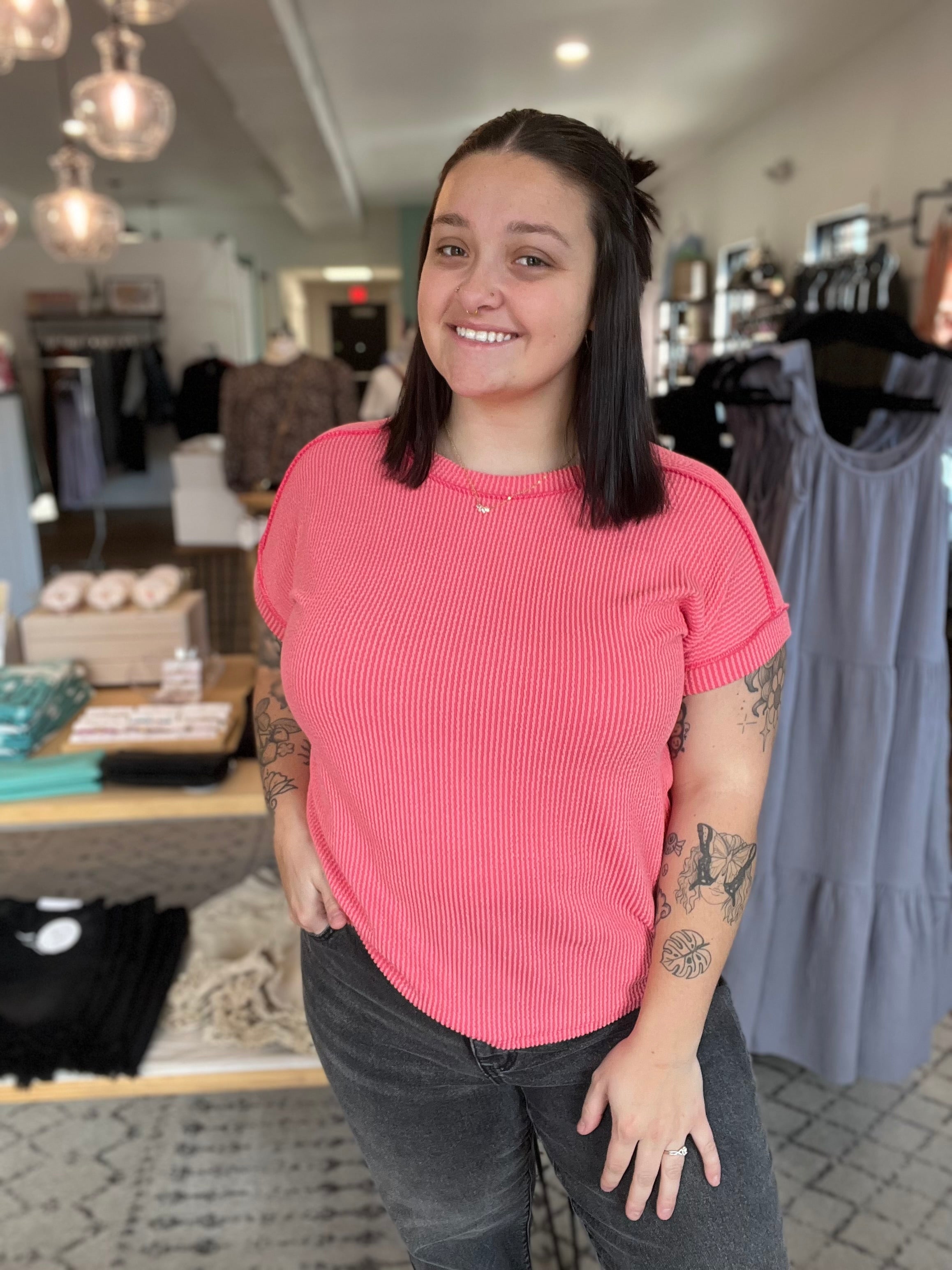 Shop Watermelon Sugar Ribbed Tee-Shirts & Tops at Ruby Joy Boutique, a Women's Clothing Store in Pickerington, Ohio