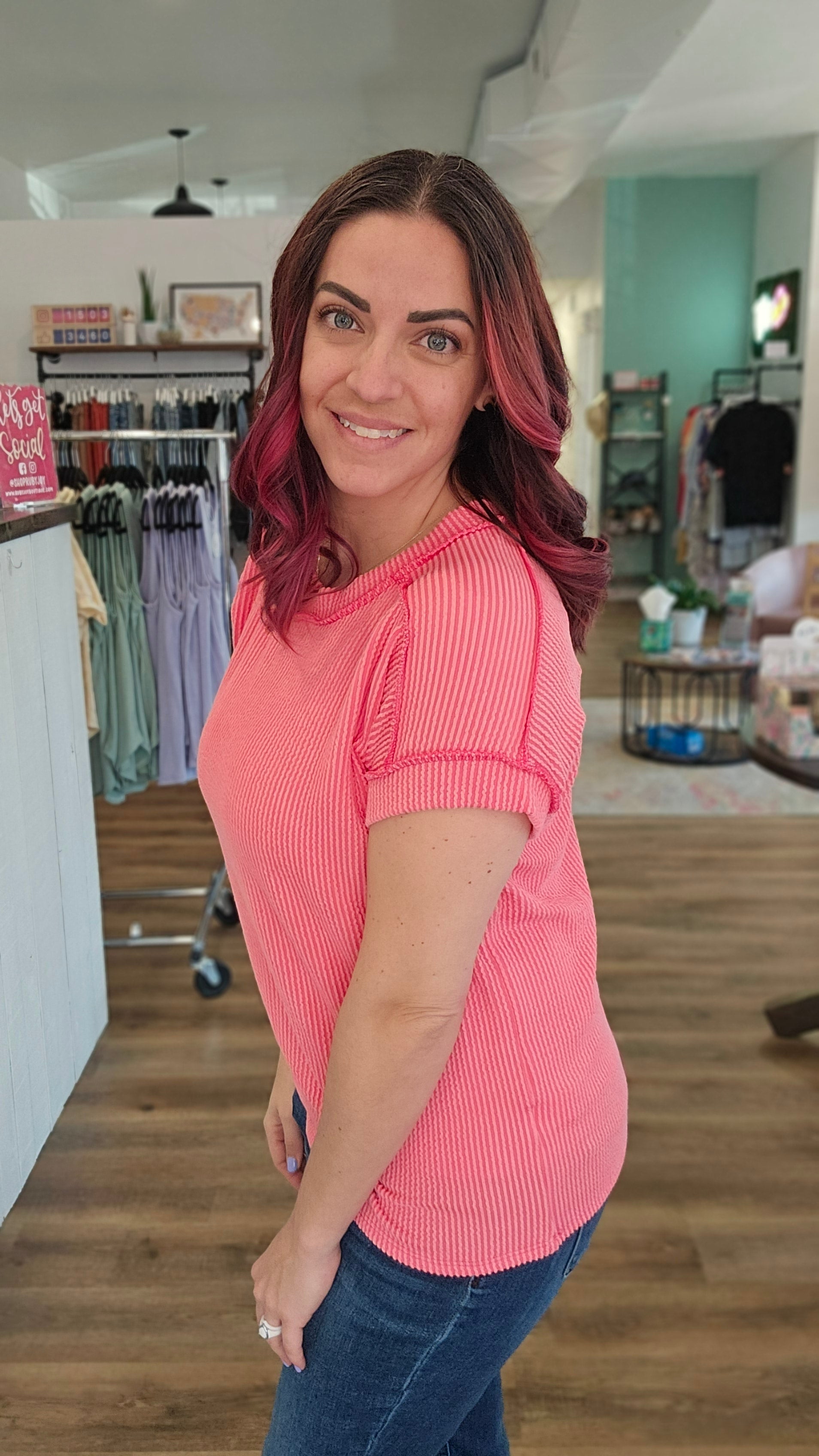 Shop Watermelon Sugar Ribbed Tee-Shirts & Tops at Ruby Joy Boutique, a Women's Clothing Store in Pickerington, Ohio