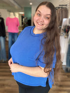 Shop Wavy Ribbed Cuff Sleeve Top - Blue- at Ruby Joy Boutique, a Women's Clothing Store in Pickerington, Ohio