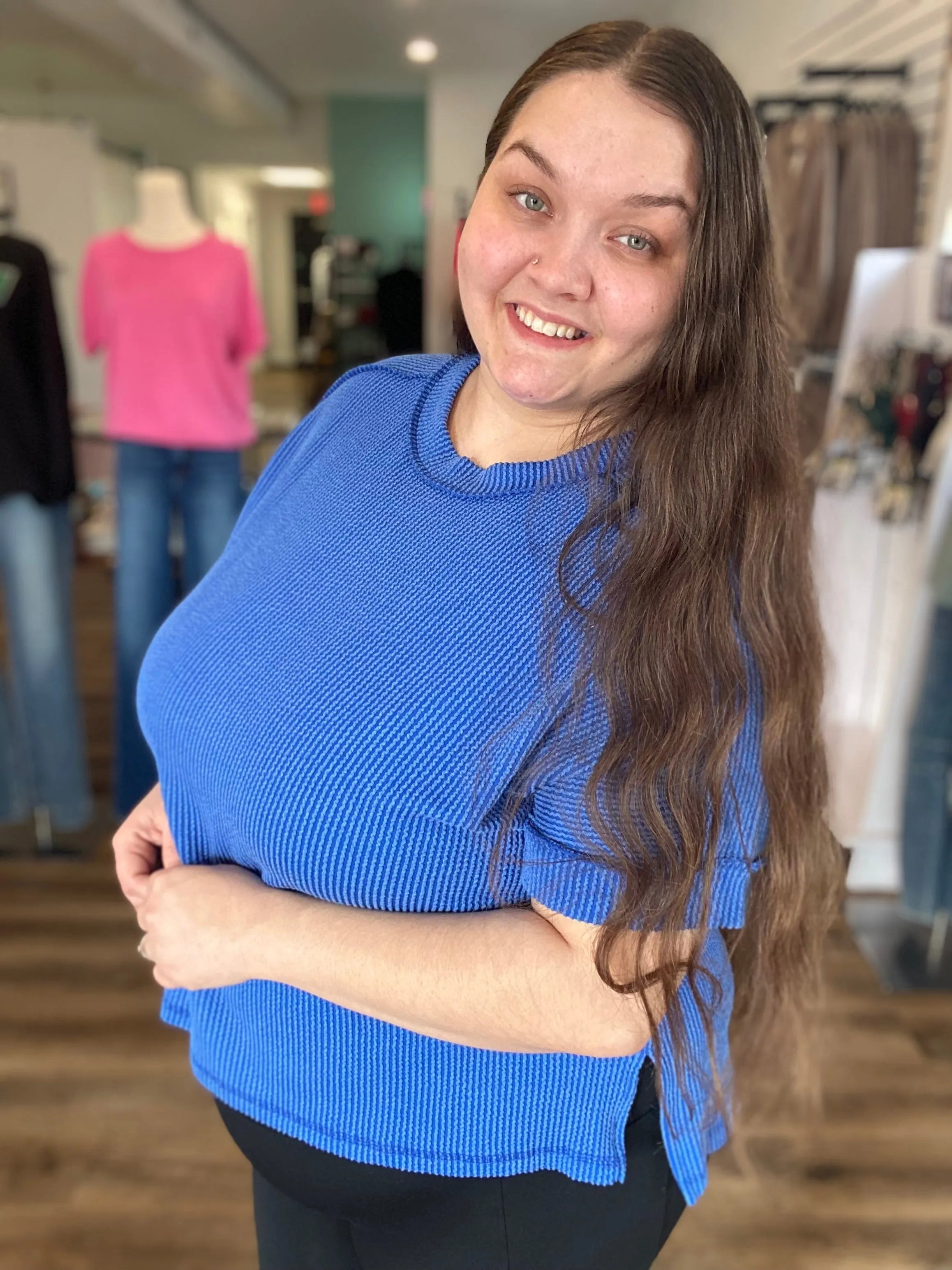 Shop Wavy Ribbed Cuff Sleeve Top - Blue- at Ruby Joy Boutique, a Women's Clothing Store in Pickerington, Ohio