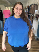 Shop Wavy Ribbed Cuff Sleeve Top - Blue- at Ruby Joy Boutique, a Women's Clothing Store in Pickerington, Ohio