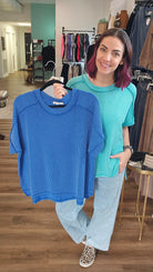 Shop Wavy Ribbed Cuff Sleeve Top - Turquoise- at Ruby Joy Boutique, a Women's Clothing Store in Pickerington, Ohio