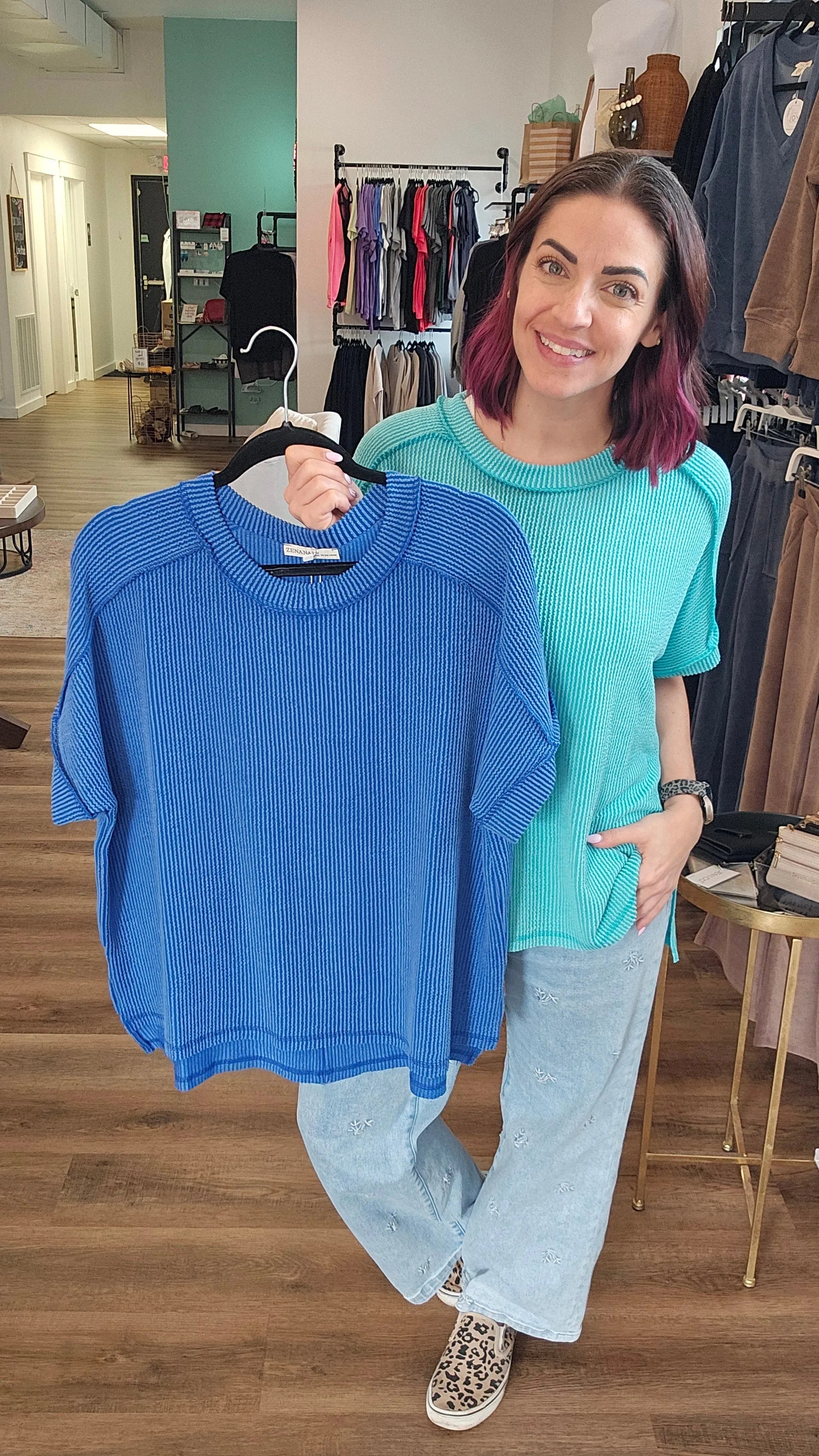 Shop Wavy Ribbed Cuff Sleeve Top - Turquoise- at Ruby Joy Boutique, a Women's Clothing Store in Pickerington, Ohio