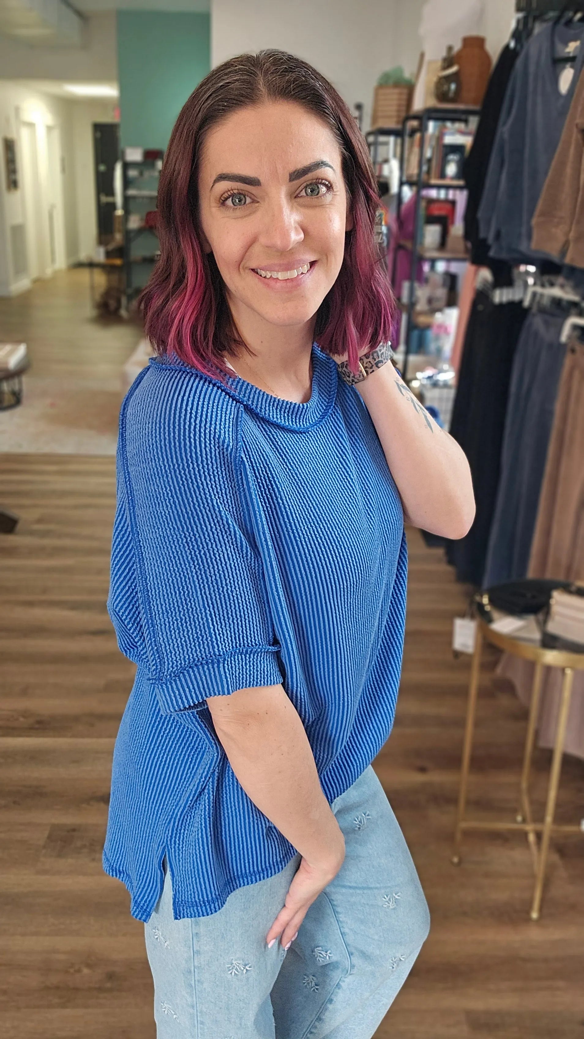 Shop Wavy Ribbed Cuff Sleeve Top - Blue- at Ruby Joy Boutique, a Women's Clothing Store in Pickerington, Ohio