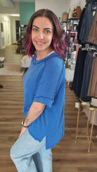 Shop Wavy Ribbed Cuff Sleeve Top - Blue- at Ruby Joy Boutique, a Women's Clothing Store in Pickerington, Ohio