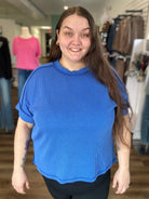 Shop Wavy Ribbed Cuff Sleeve Top - Blue-1XL/2XL at Ruby Joy Boutique, a Women's Clothing Store in Pickerington, Ohio