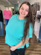 Shop Wavy Ribbed Cuff Sleeve Top - Turquoise- at Ruby Joy Boutique, a Women's Clothing Store in Pickerington, Ohio