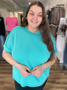 Shop Wavy Ribbed Cuff Sleeve Top - Turquoise- at Ruby Joy Boutique, a Women's Clothing Store in Pickerington, Ohio